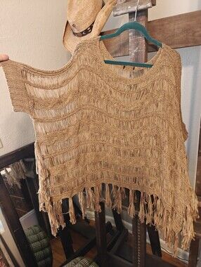 Boho Fringe Knit Poncho in Tan